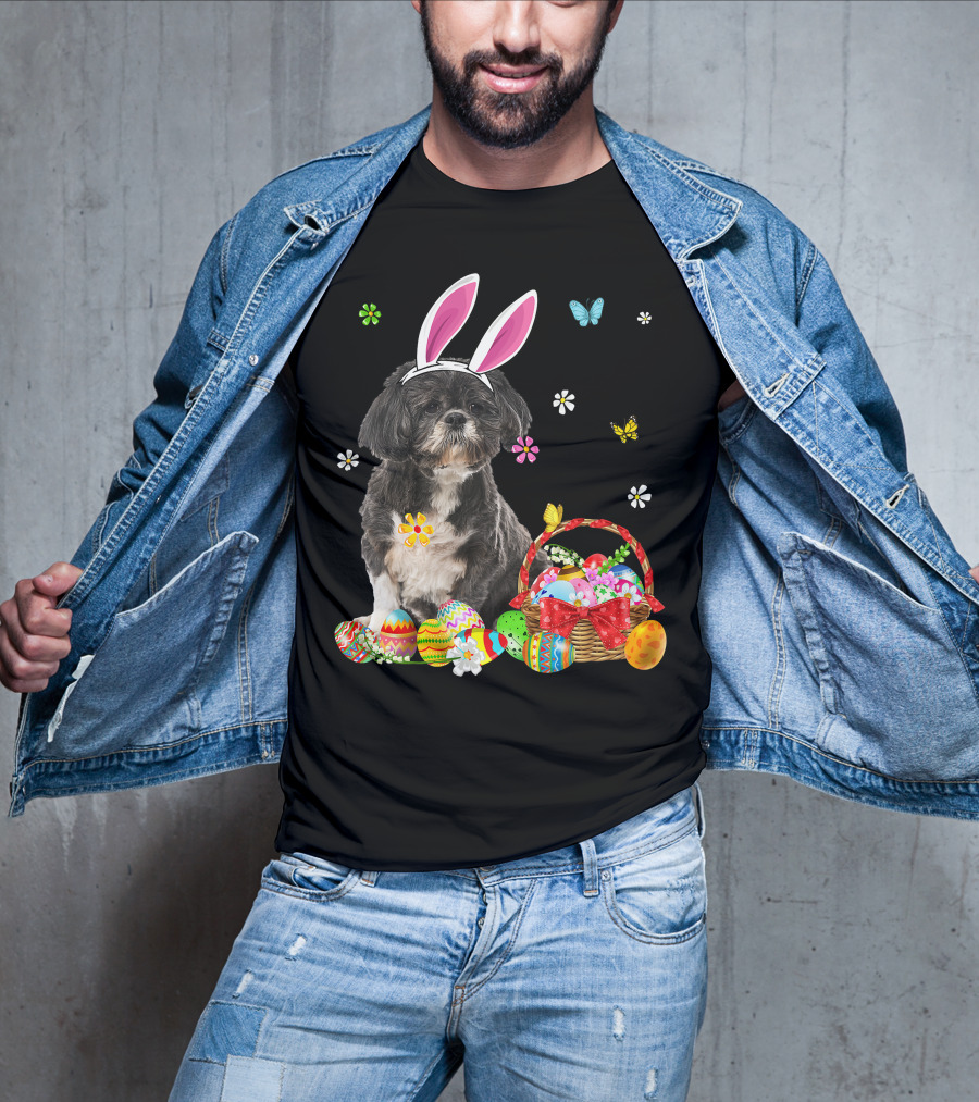 Shih Tzu Happy Easter Dog Lover Bunny Ears And Easter Egg Basket T-Shirt