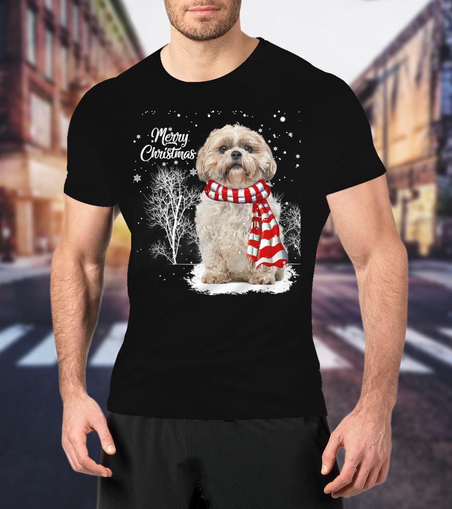 Shih Tzu Christmas Puppy Dog Lover Family Mat With Festive Scarf Snowflakes And Winter Trees T-Shirt