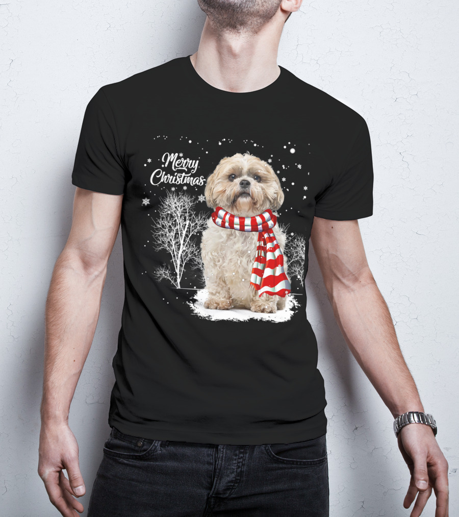 Shih Tzu Christmas Puppy Dog Lover Family Mat With Festive Scarf Snowflakes And Winter Trees T-Shirt