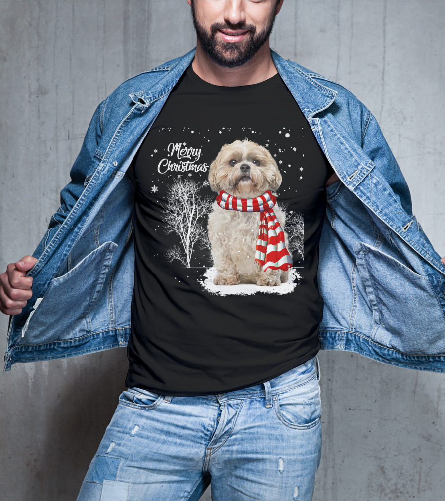 Shih Tzu Christmas Puppy Dog Lover Family Mat With Festive Scarf Snowflakes And Winter Trees T-Shirt