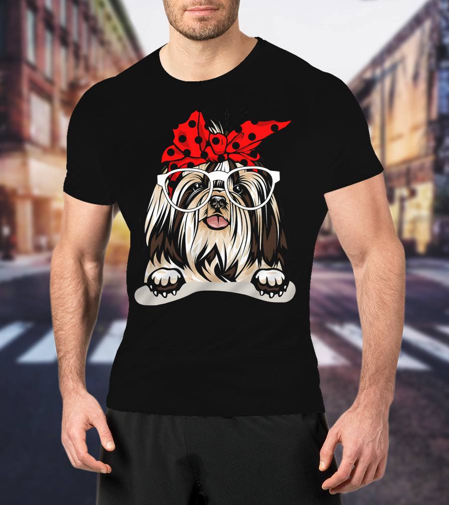 Shih Tzu Christmas Red Plaid Headband Glasses T-Shirt