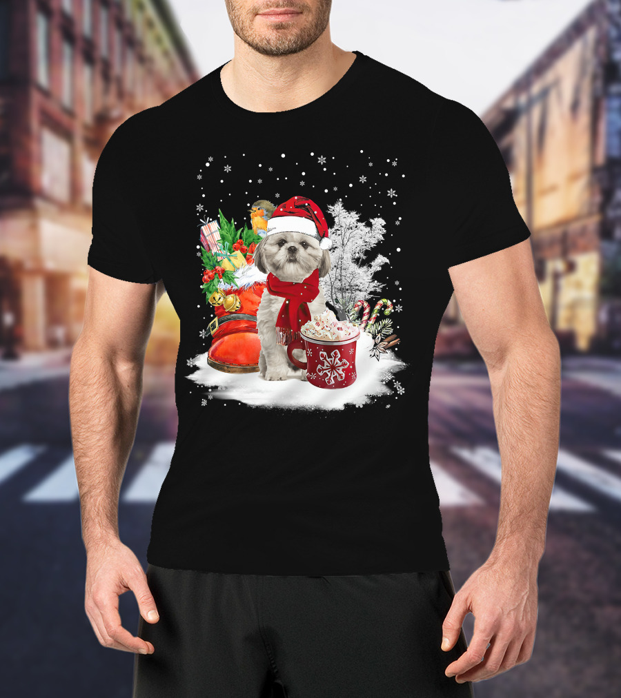 Shih Tzu Dog Santa Hat Hot Cocoa Christmas Scene T-Shirt