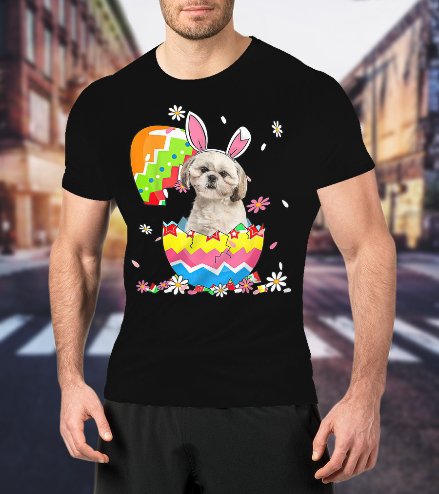Shih Tzu Dog In Colorful Easter Egg With Bunny Ears And Flowers T-Shirt