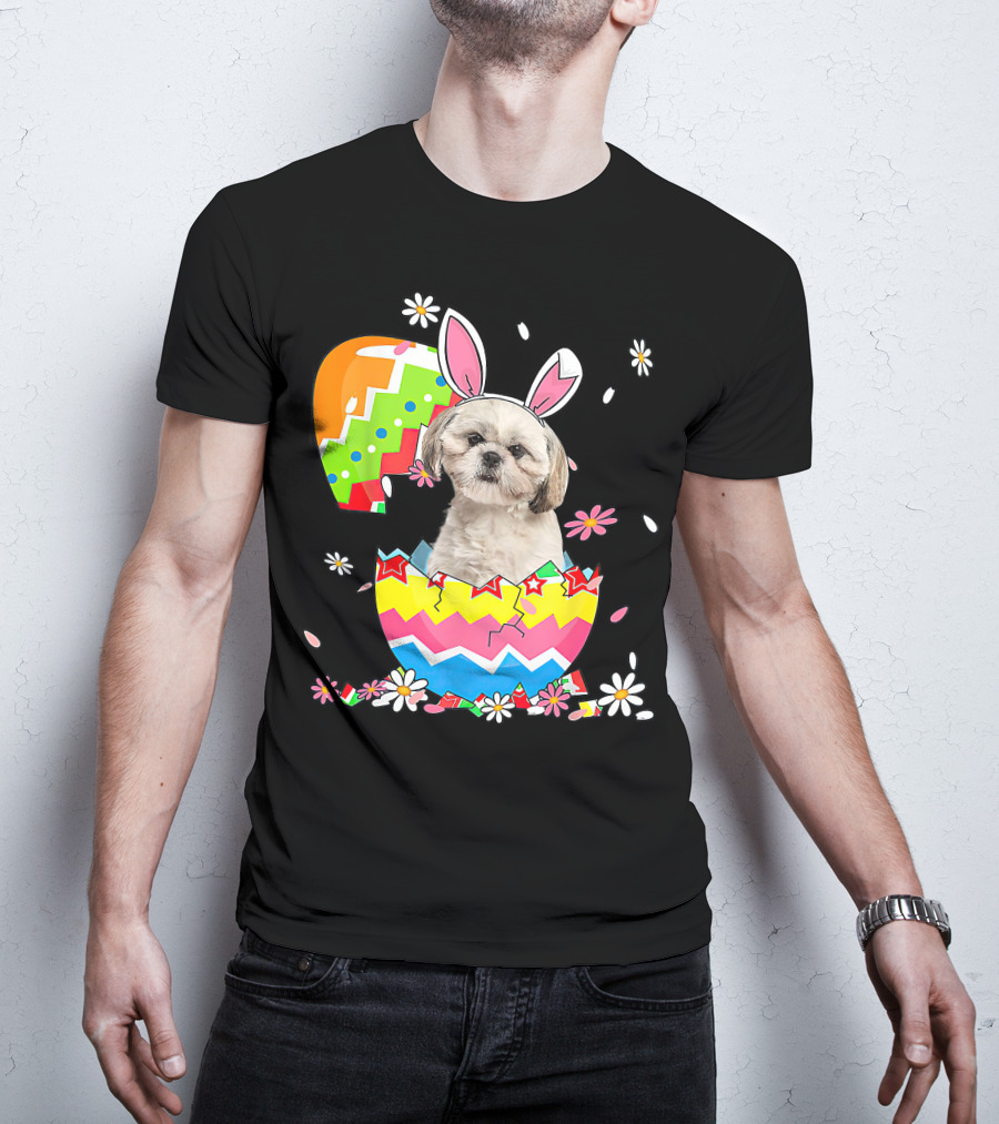 Shih Tzu Dog In Colorful Easter Egg With Bunny Ears And Flowers T-Shirt