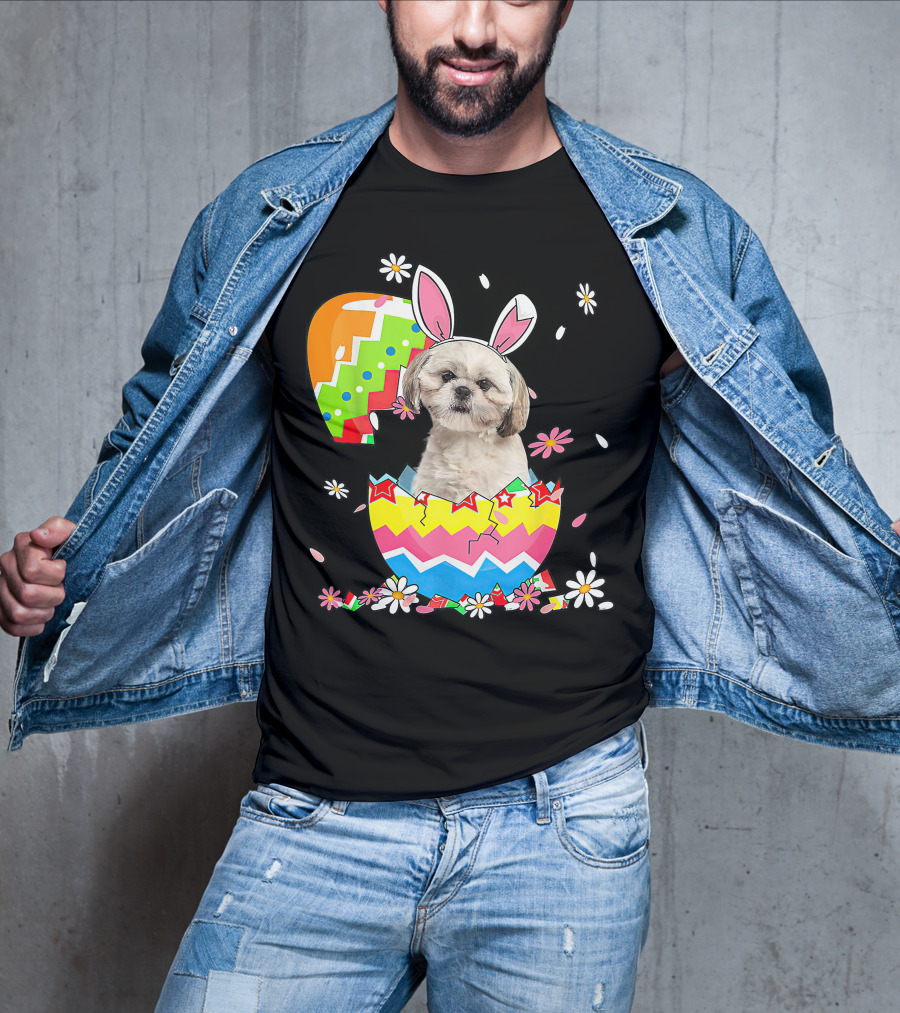 Shih Tzu Dog In Colorful Easter Egg With Bunny Ears And Flowers T-Shirt