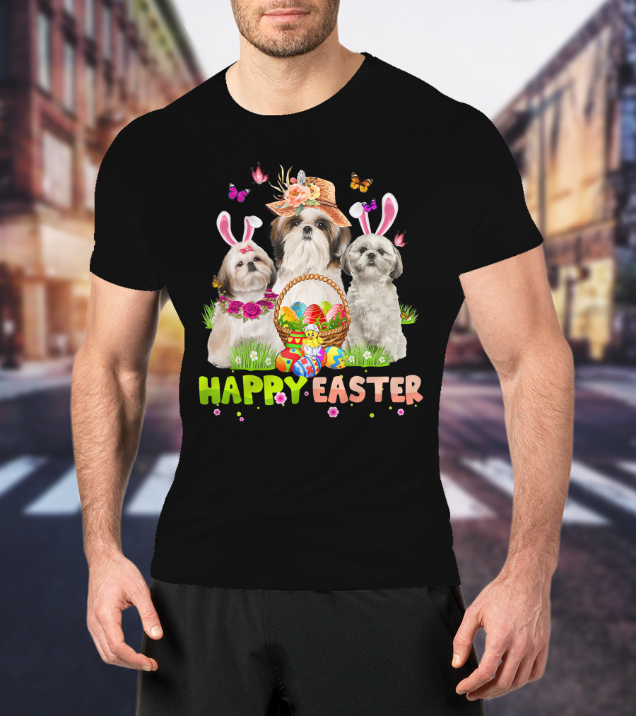 Happy Easter Shih Tzu Bunny Ears Basket Eggs Butterflies Flowers T-Shirt