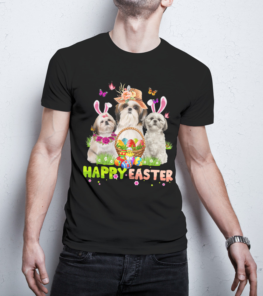 Happy Easter Shih Tzu Bunny Ears Basket Eggs Butterflies Flowers T-Shirt