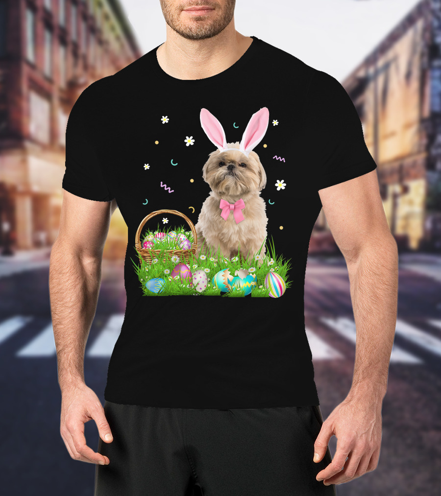 Shih Tzu Easter Day Bunny Ears And Colorful Eggs Easter98 T-Shirt