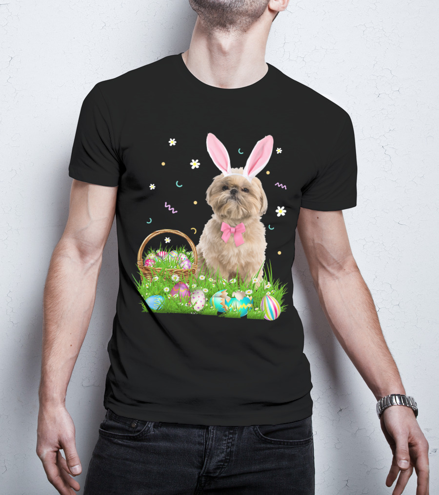 Shih Tzu Easter Day Bunny Ears And Colorful Eggs Easter98 T-Shirt