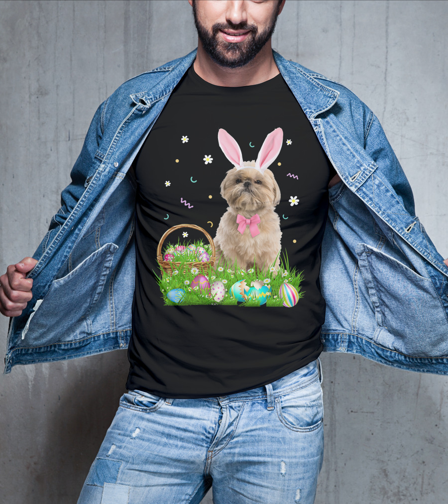 Shih Tzu Easter Day Bunny Ears And Colorful Eggs Easter98 T-Shirt