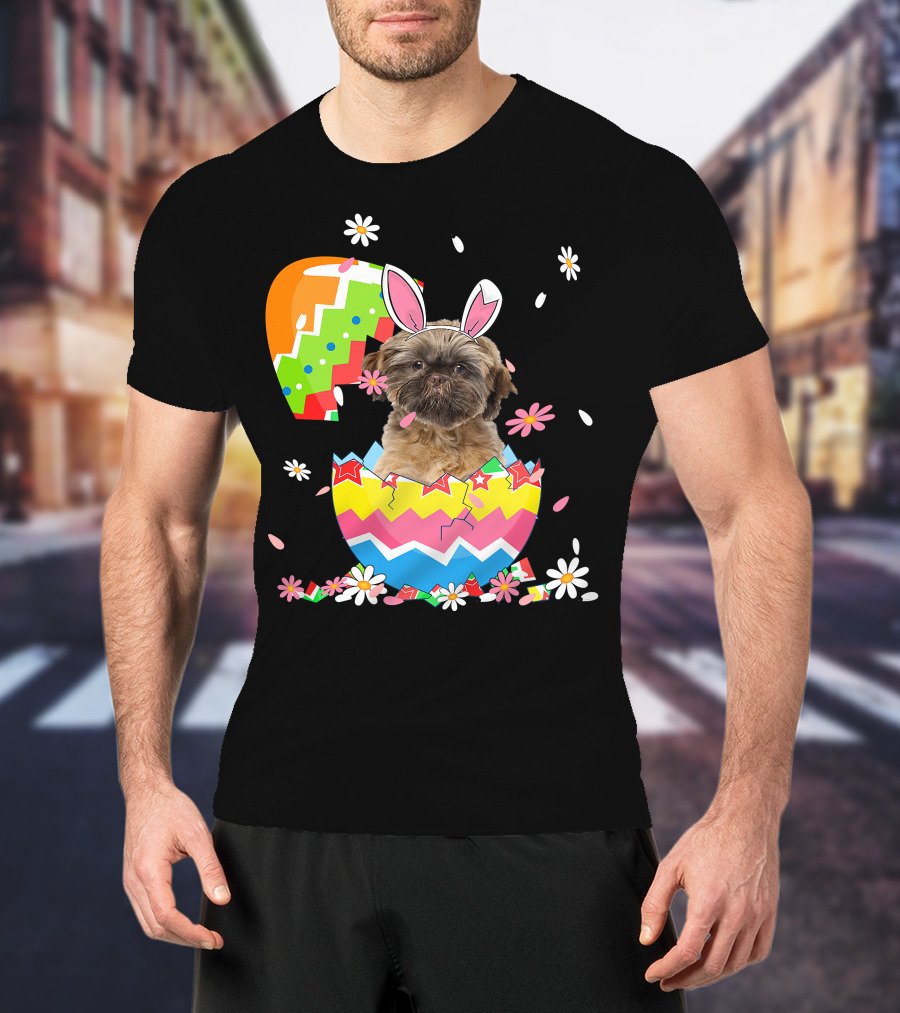 Cute Shih Tzu Easter Day Dog Dad Dog Mom With Bunny Ears And Colorful Egg T-Shirt