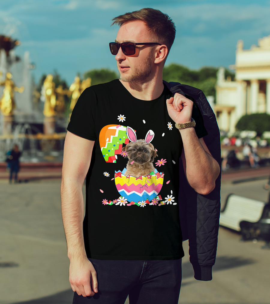 Cute Shih Tzu Easter Day Dog Dad Dog Mom With Bunny Ears And Colorful Egg T-Shirt
