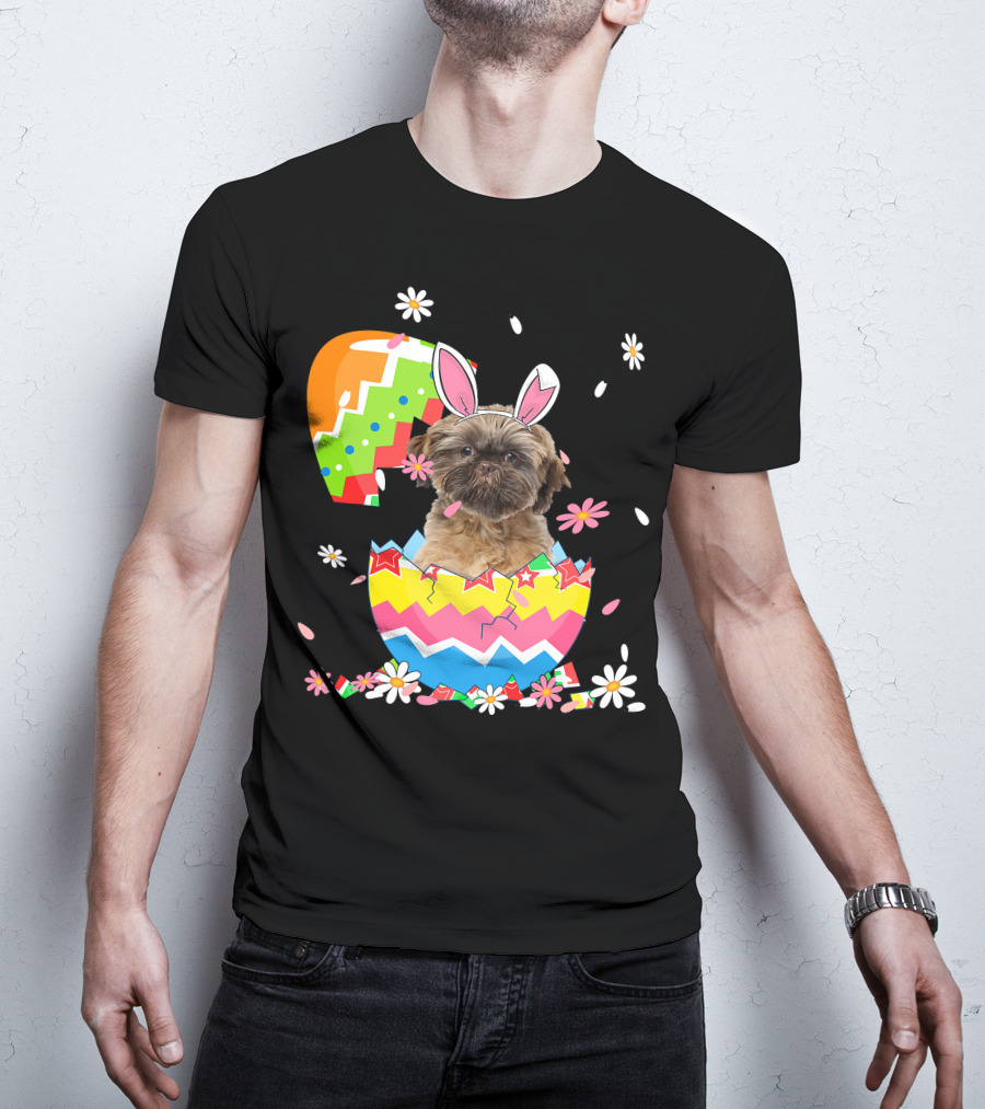 Cute Shih Tzu Easter Day Dog Dad Dog Mom With Bunny Ears And Colorful Egg T-Shirt