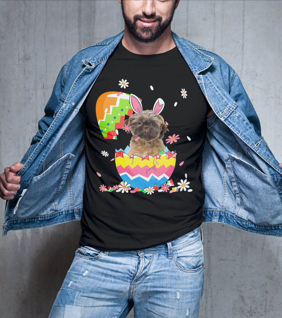 Cute Shih Tzu Easter Day Dog Dad Dog Mom With Bunny Ears And Colorful Egg T-Shirt