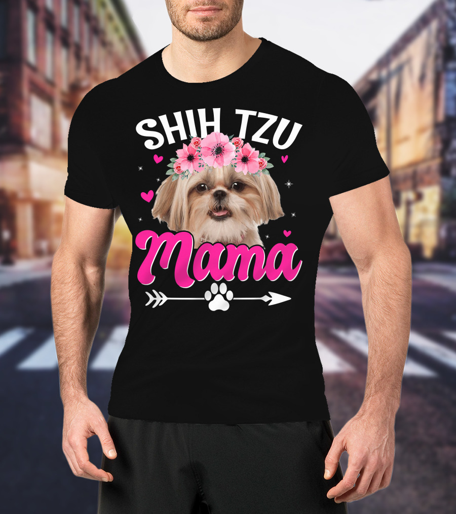 Shih Tzu Mama With Flower Crown Hearts T-Shirt