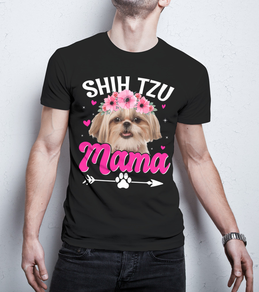Shih Tzu Mama With Flower Crown Hearts T-Shirt