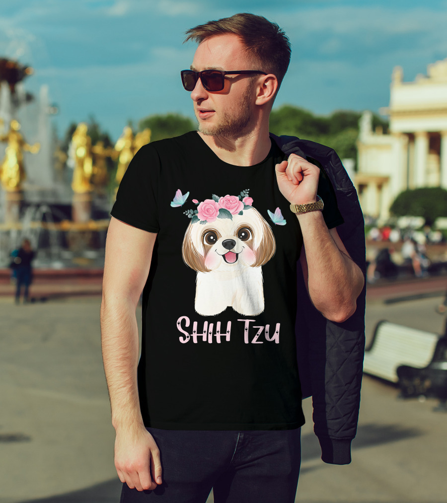 Cute Shih Tzu Mom Dad Mens Dog Lover Ladies Shih Tzu Roses Butterflies T-Shirt