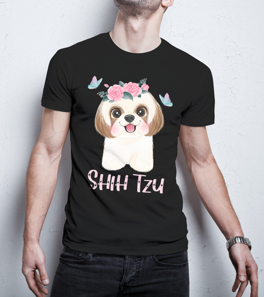 Cute Shih Tzu Mom Dad Mens Dog Lover Ladies Shih Tzu Roses Butterflies T-Shirt