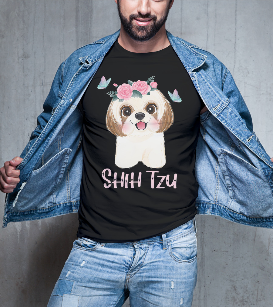 Cute Shih Tzu Mom Dad Mens Dog Lover Ladies Shih Tzu Roses Butterflies T-Shirt