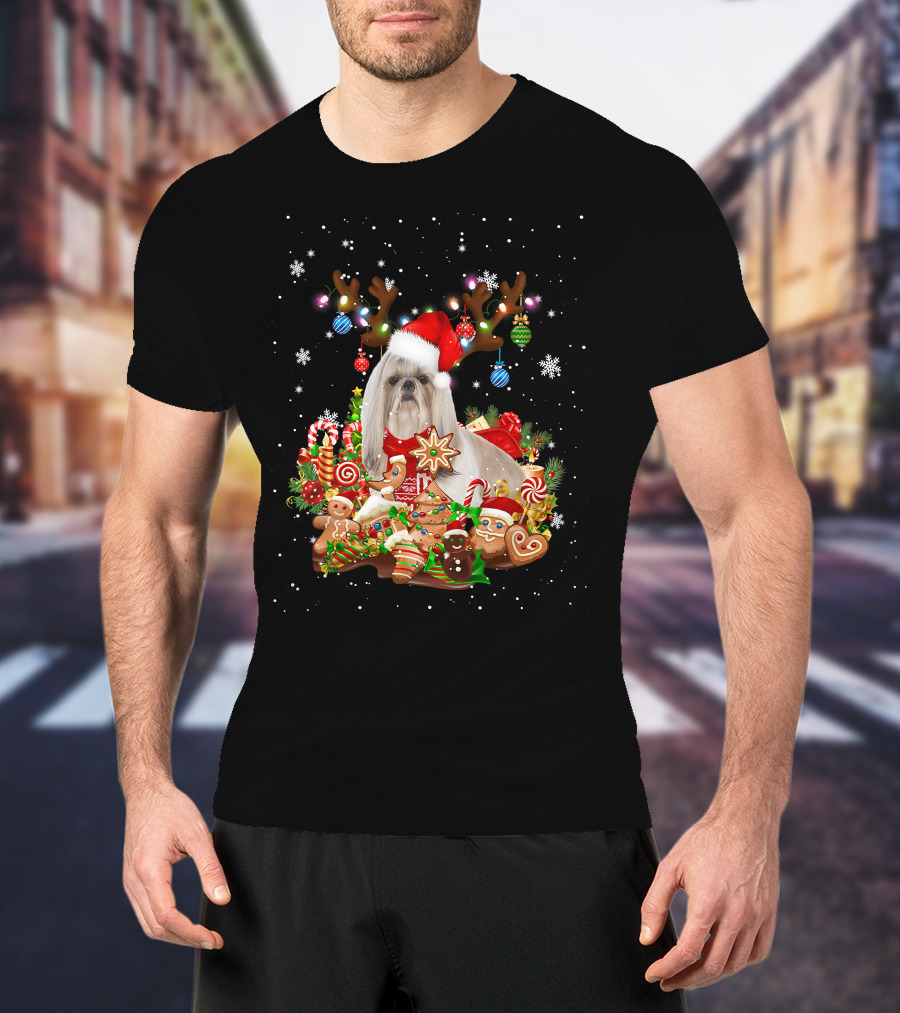 Cute Shih Tzu Reindeer Christmas Lighting Santa Xm Gingerbread Candy Cane Ornaments T-Shirt