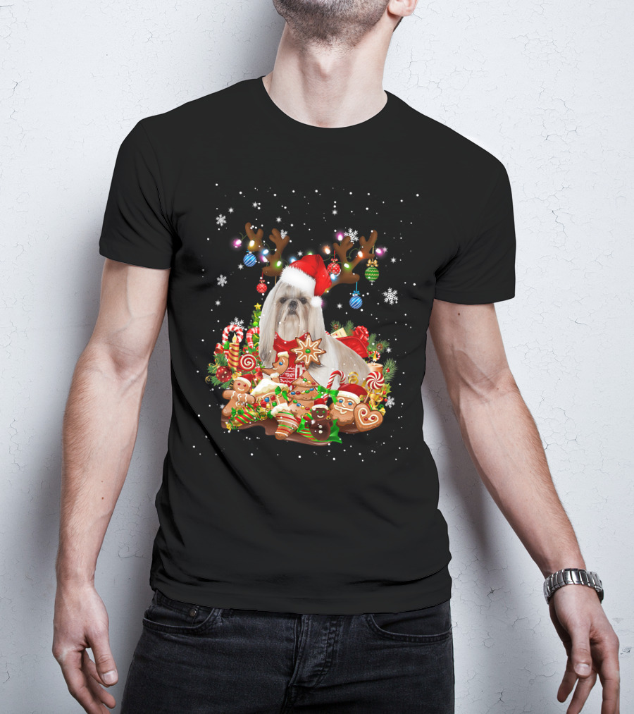 Cute Shih Tzu Reindeer Christmas Lighting Santa Xm Gingerbread Candy Cane Ornaments T-Shirt