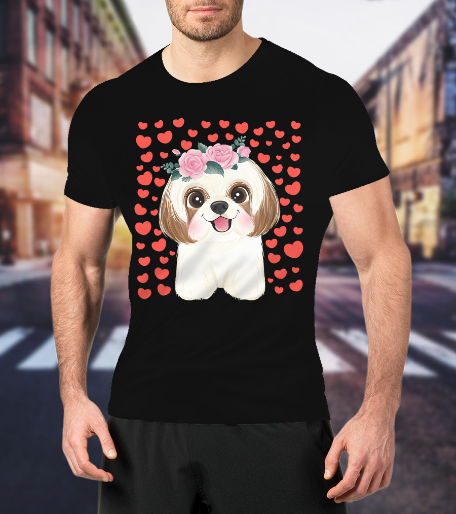 Cute Shih Tzu Valentine's Day Red Hearts Dog Flowers T-Shirt