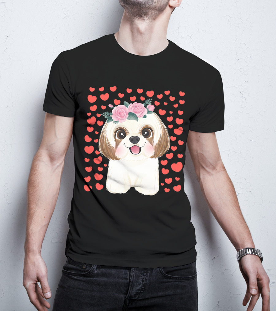 Cute Shih Tzu Valentine's Day Red Hearts Dog Flowers T-Shirt