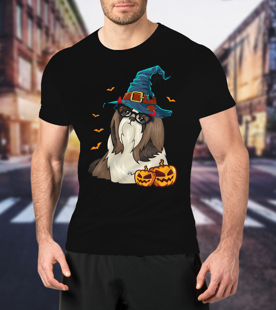 Cute Shih Tzu Glasses Witch Hat Halloween Pumpkins Bats T-Shirt