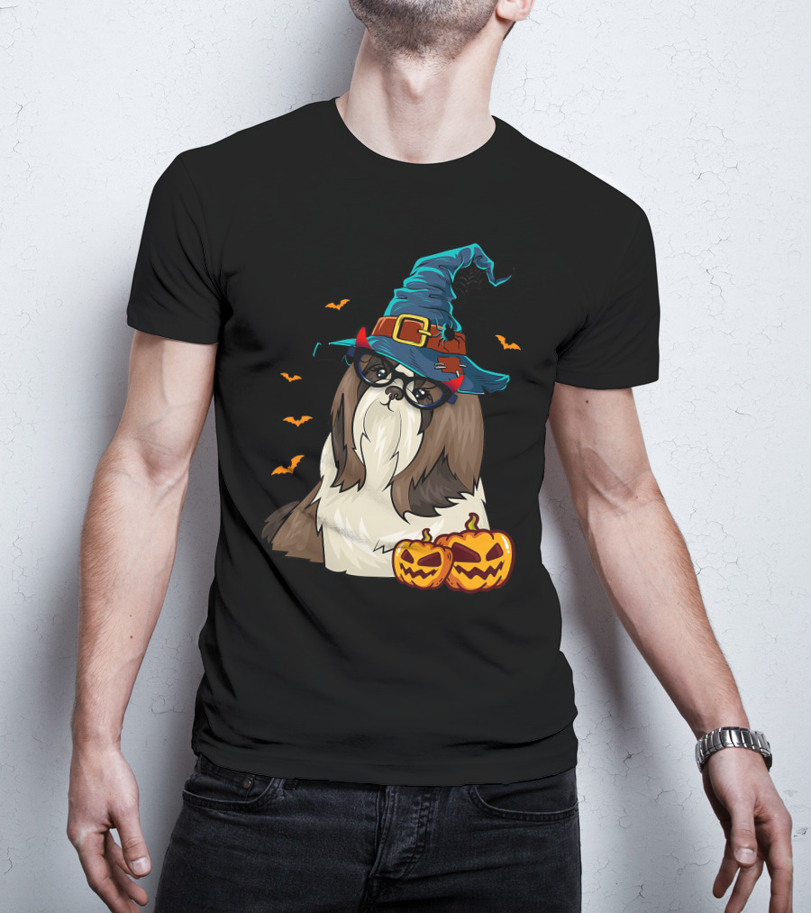 Cute Shih Tzu Glasses Witch Hat Halloween Pumpkins Bats T-Shirt