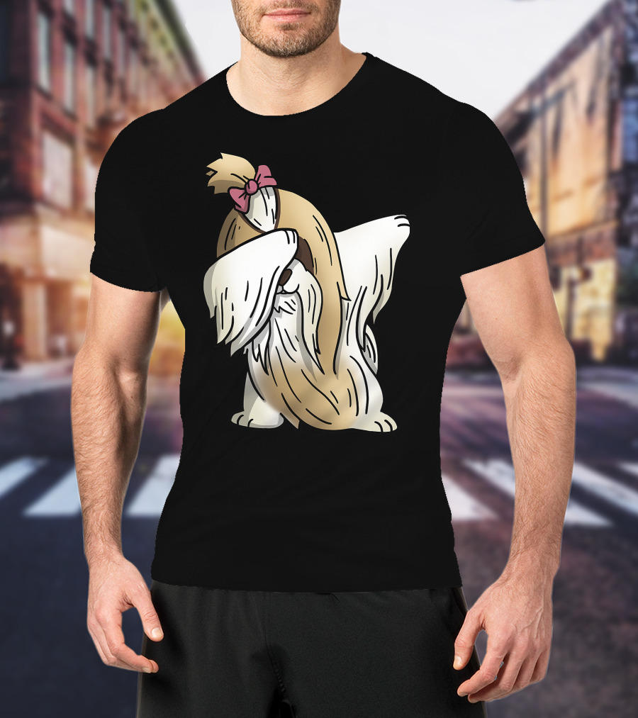 Dabbing Shih Tzu Dab Dance Long-Coated Dog With Bow T-Shirt