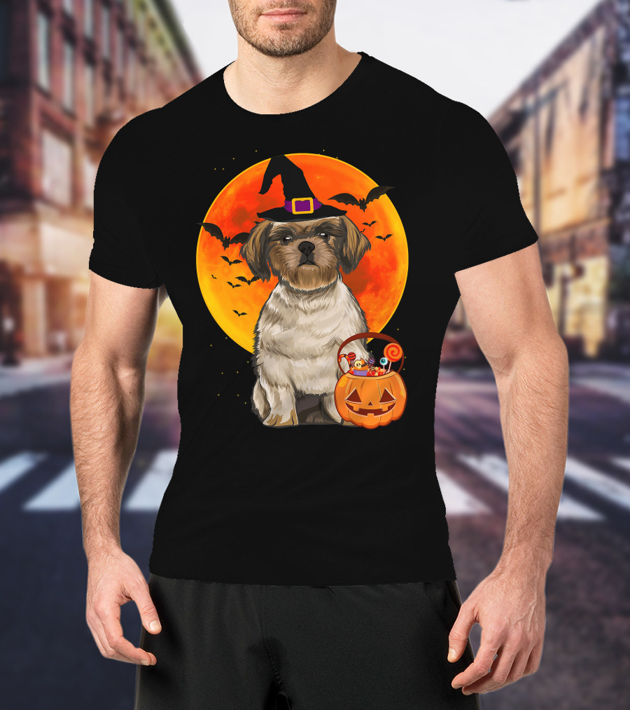 Shih Tzu Dog Halloween Jack O Lantern Pumpkin With Bats And Witch Hat T-Shirt