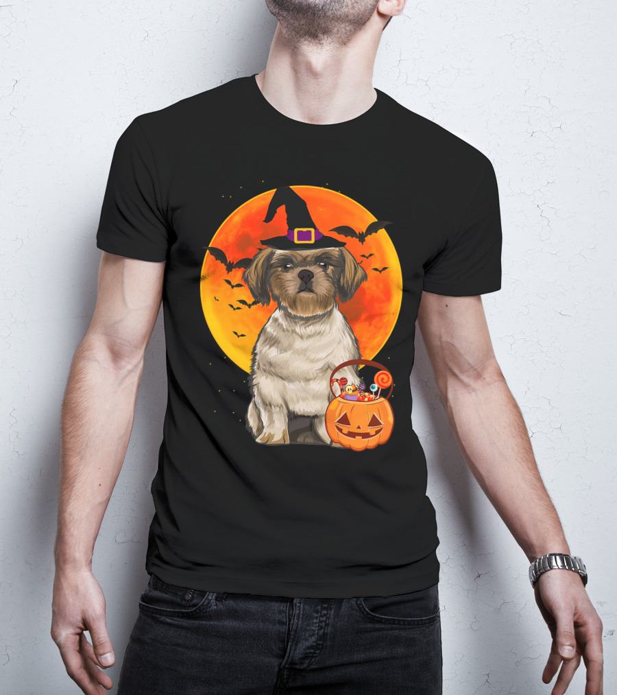 Shih Tzu Dog Halloween Jack O Lantern Pumpkin With Bats And Witch Hat T-Shirt