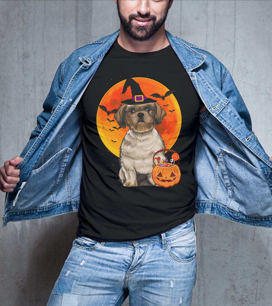 Shih Tzu Dog Halloween Jack O Lantern Pumpkin With Bats And Witch Hat T-Shirt