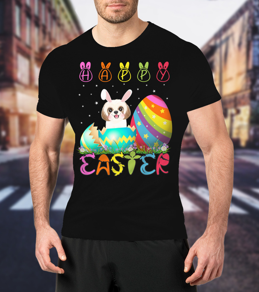 Happy Easter Day Shih Tzu Dog In Colorful Egg Matching T-Shirt