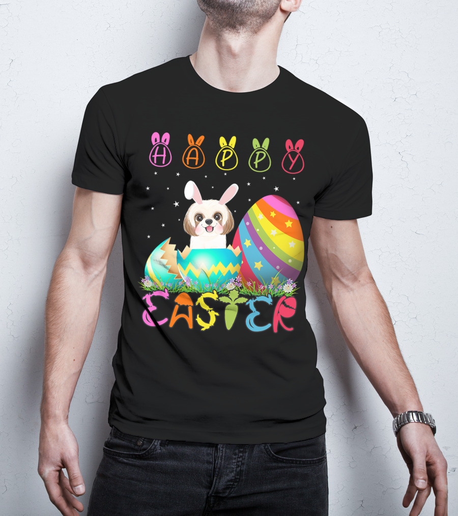 Happy Easter Day Shih Tzu Dog In Colorful Egg Matching T-Shirt