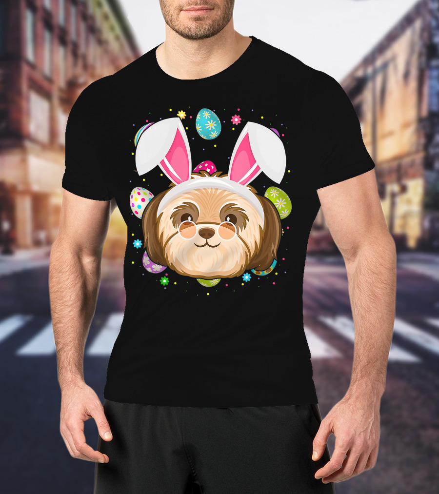 Easter Egg Lover Bunny Ear Shih Tzu Dog Face Easter T-Shirt