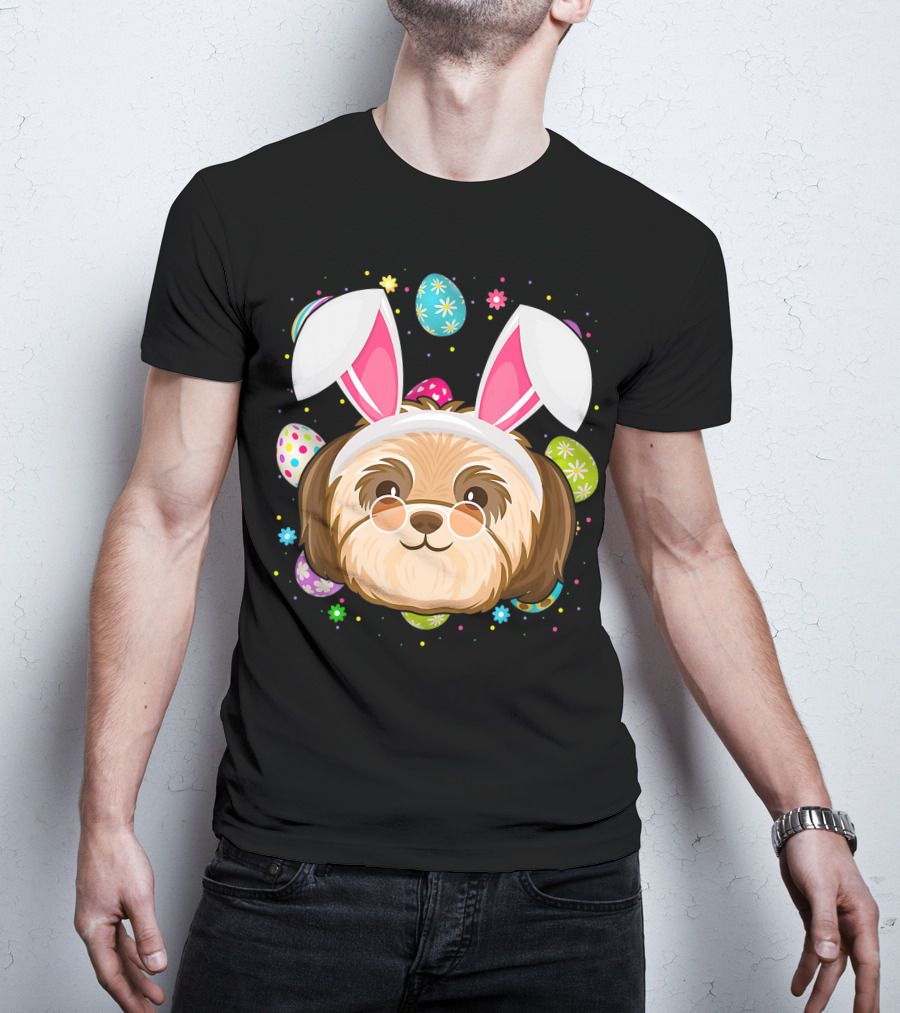 Easter Egg Lover Bunny Ear Shih Tzu Dog Face Easter T-Shirt