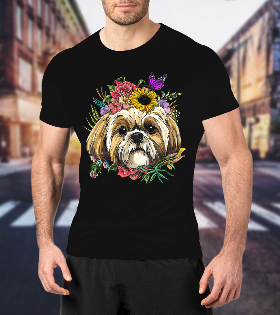 Floral Shih Tzu Dog With Butterfly And Spring Flowers For Nature And Shih Tzu Lovers T-Shirt
