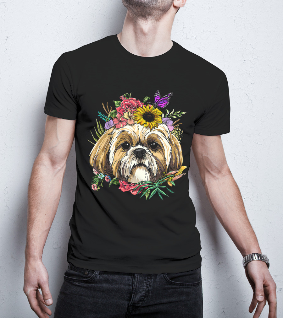 Floral Shih Tzu Dog With Butterfly And Spring Flowers For Nature And Shih Tzu Lovers T-Shirt