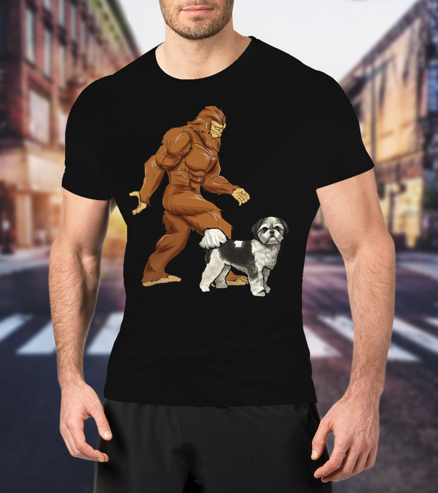 Funny Bigfoot Walking Shih Tzu Sasquatch Dog Comic T-Shirt