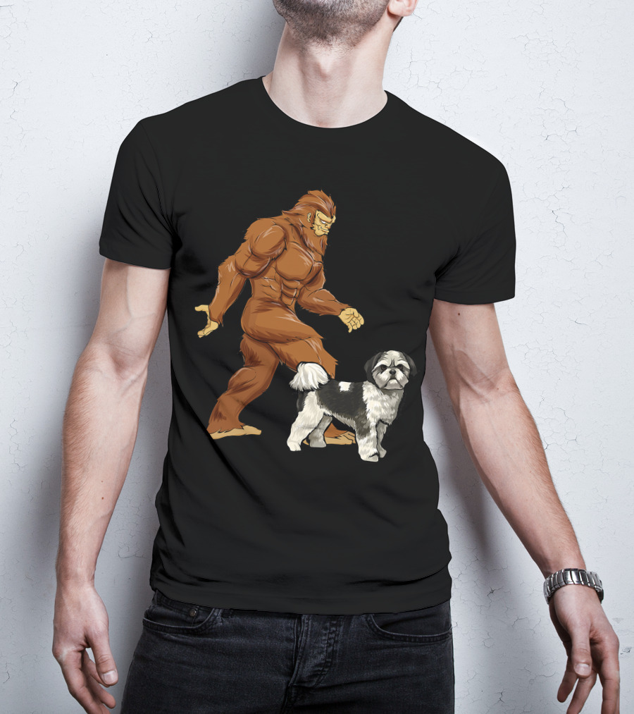 Funny Bigfoot Walking Shih Tzu Sasquatch Dog Comic T-Shirt