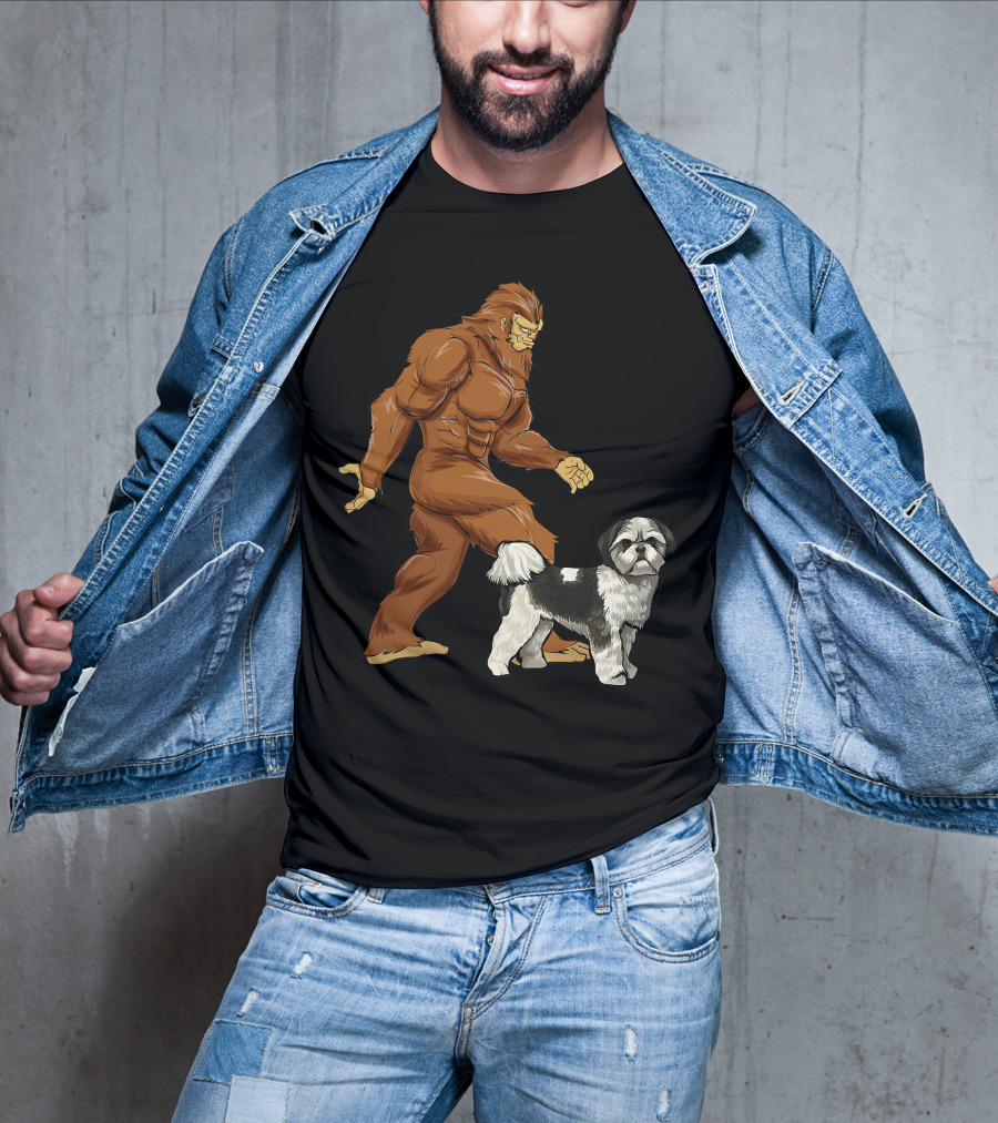 Funny Bigfoot Walking Shih Tzu Sasquatch Dog Comic T-Shirt