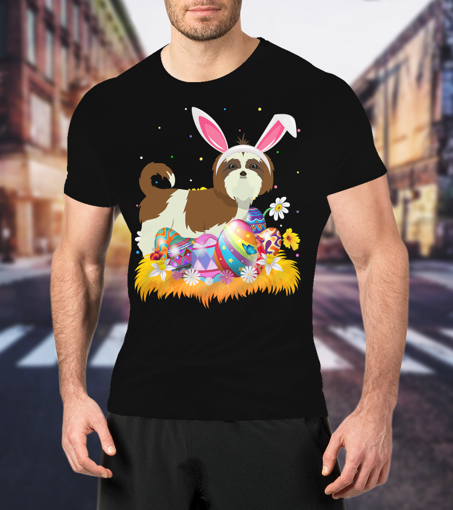 Shih Tzu Bunny Ears With Colorful Easter Eggs And Flowers For Easter Sunday T-Shirt