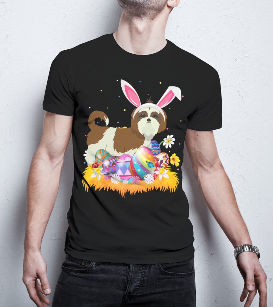 Shih Tzu Bunny Ears With Colorful Easter Eggs And Flowers For Easter Sunday T-Shirt