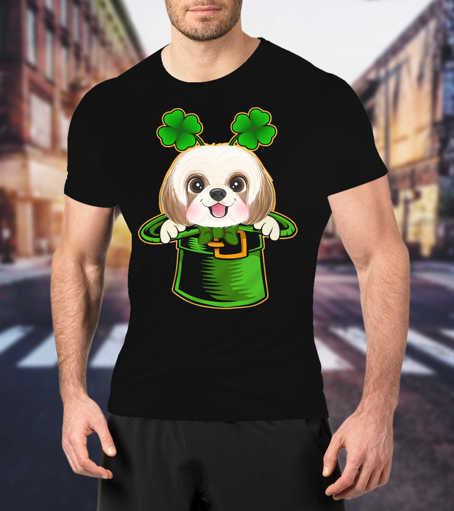 Leprechaun Hat Shih Tzu Dog With Green Clover Antennae T-Shirt