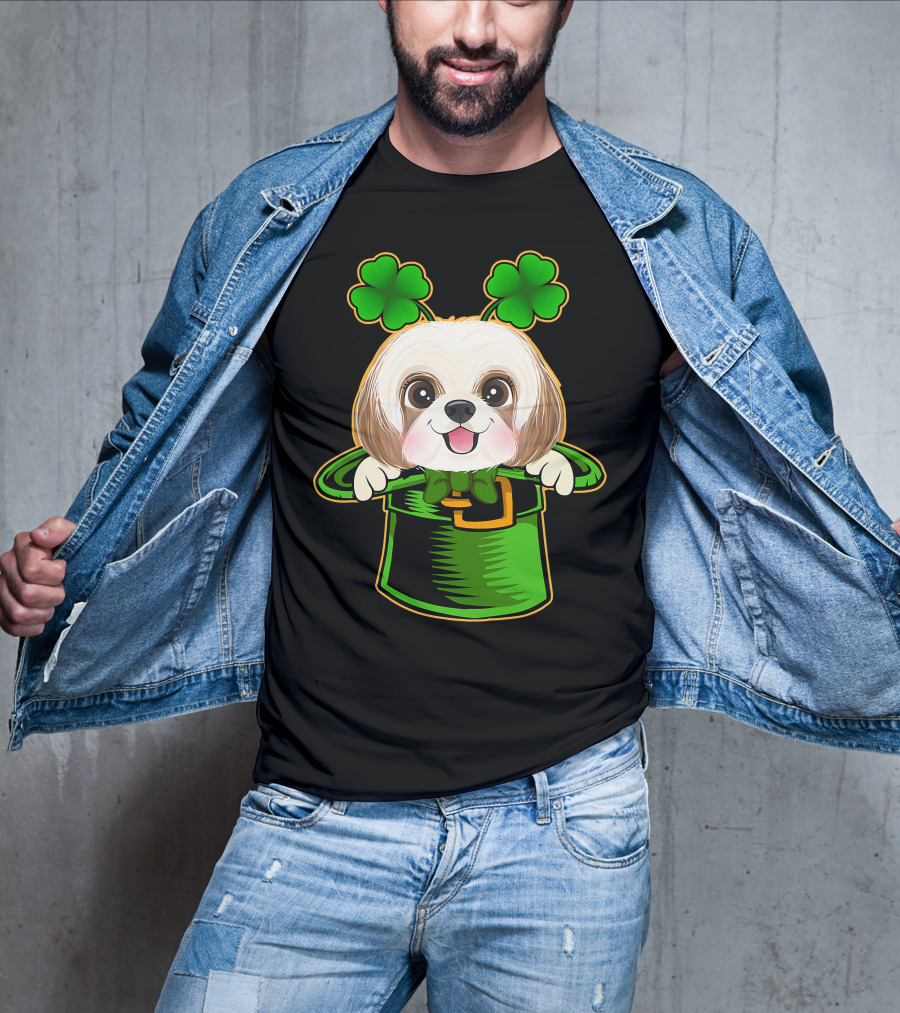 Leprechaun Hat Shih Tzu Dog With Green Clover Antennae T-Shirt
