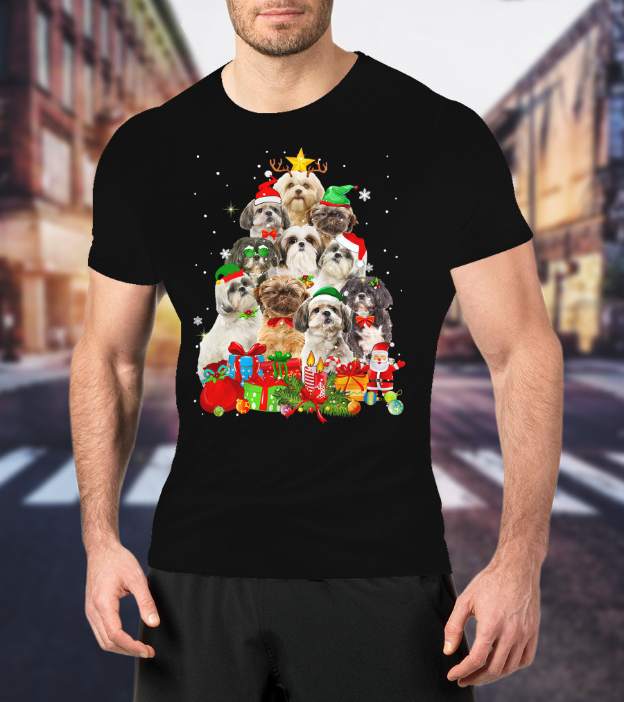 Shih Tzu Christmas Tree With Holiday Lights And Puppy Dogs T-Shirt