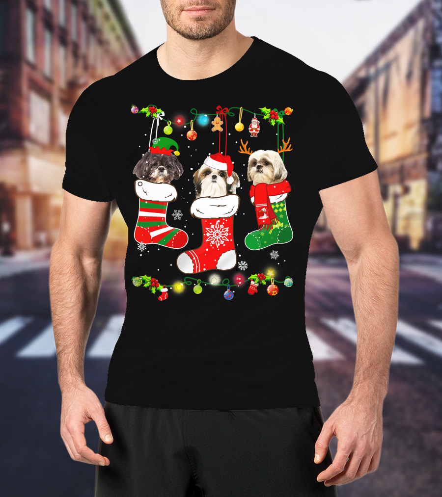 Shih Tzu Dogs In Christmas Stockings With Santa Hats And Christmas Lights T-Shirt