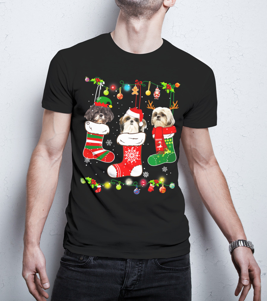 Shih Tzu Dogs In Christmas Stockings With Santa Hats And Christmas Lights T-Shirt