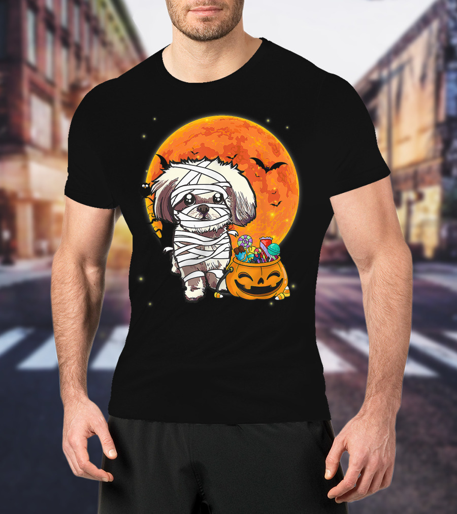 Shih Tzu Mummy Halloween Costume With Pumpkin Candy Bucket And Full Moon T-Shirt